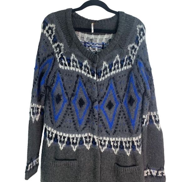 Free People Frosted Fair Isle Mohair Long Cardigan Shacket Sweater Size M - Picture 8 of 12